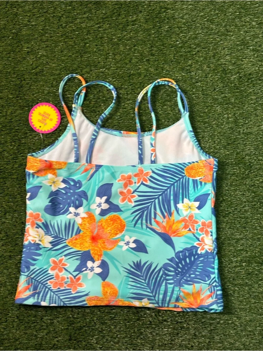Kids Tropical Floral Tankini Top - Aqua & Orange